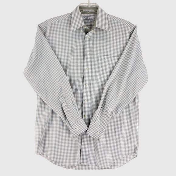 Paul Fredrick Mens Long Sleeve Button-Down Shirt White/Gray Checkered 16-35 - Picture 1 of 10